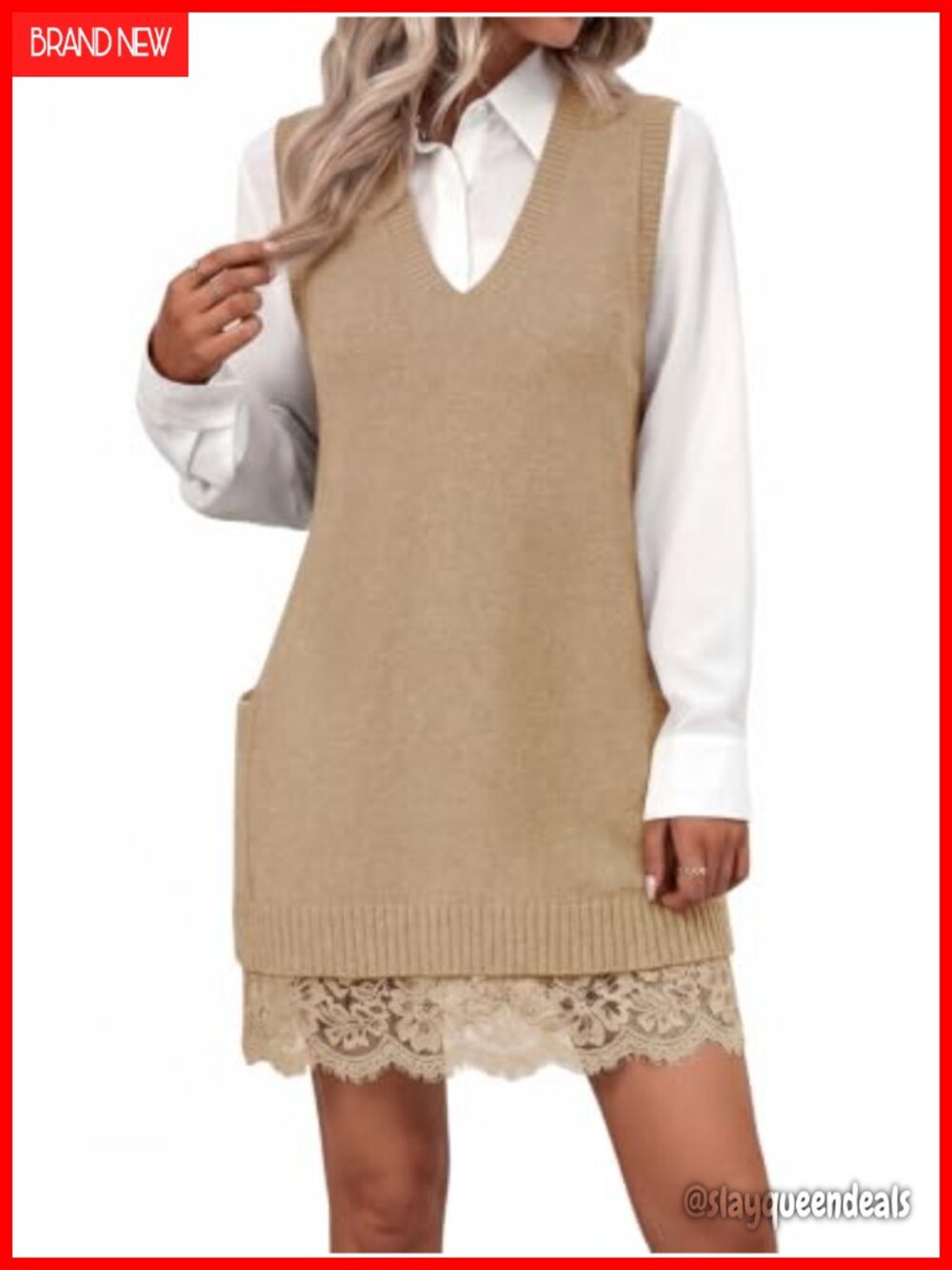 Womens V Neck Tunic Sweater Vest Lace Patchwork Sleeveless Layering Top